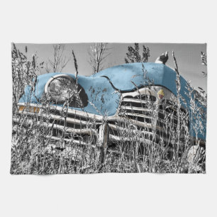 vintage blue car kitchen towel