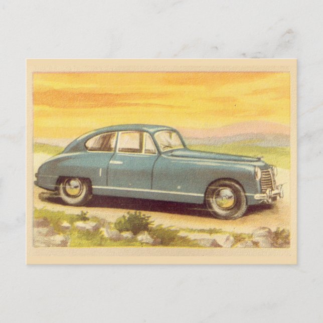 Vintage Blue Car Print Postcard (Front)