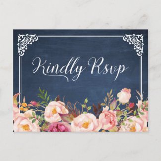 Vintage Blue Chalkboard Floral Wedding RSVP Invitation Postcard