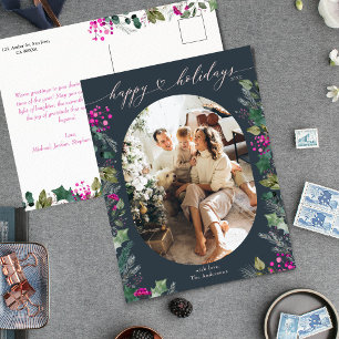 Vintage Blue Chic Family Photo Holiday Postcard