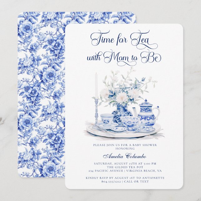 Vintage Blue Chinnosserie Baby Shower Tea Party  Invitation (Front/Back)
