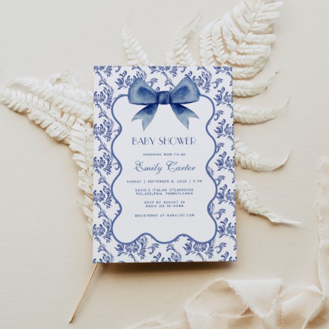 Vintage Blue Chinoiserie Elegant Bow Baby Shower Invitation (Creator Uploaded)