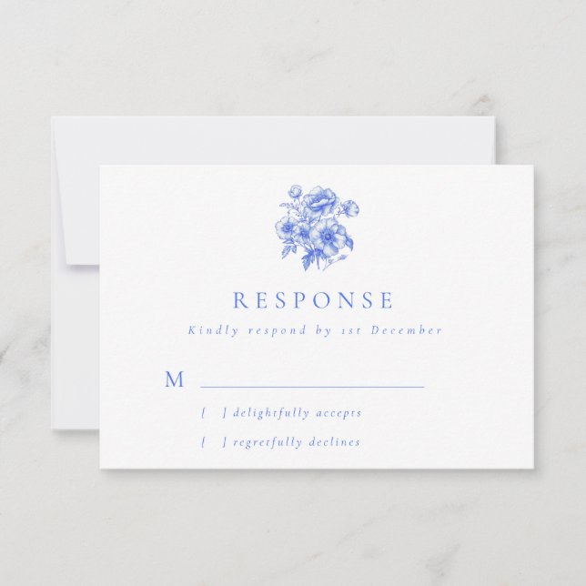 Vintage Blue Chinoiserie Floral Wedding RSVP Card (Front)