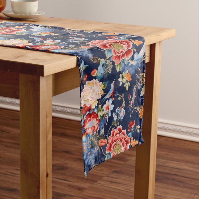 Vintage blue chinoiserie long table runner (In Situ)