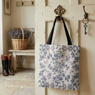 Vintage Blue Chintz And Pinstriped Pattern Tote Bag