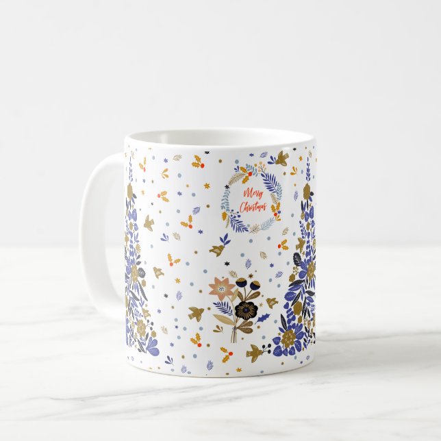 Vintage Blue Christmas Bird Flowers Tree Coffee Mug (Front Left)