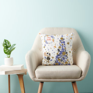 Vintage Blue Christmas Bird Flowers Tree Throw Pillow