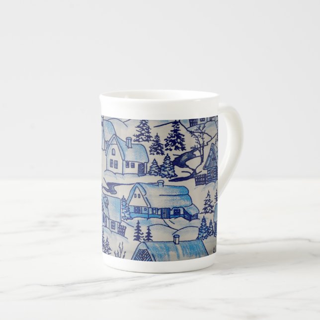 Vintage Blue Christmas Holiday Village Bone China Mug (Front Right)