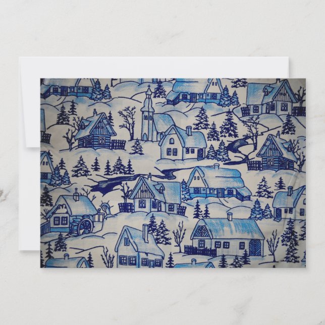 Vintage Blue Christmas Holiday Village Card (Front)
