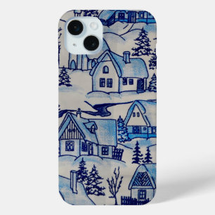 Vintage Blue Christmas Holiday Village iPhone 15 Mini Case
