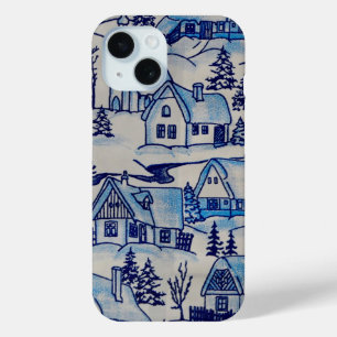 Vintage Blue Christmas Holiday Village iPhone 15 Case