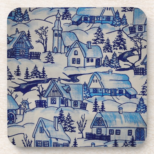 Vintage Blue Christmas Holiday Village Coaster (Front)