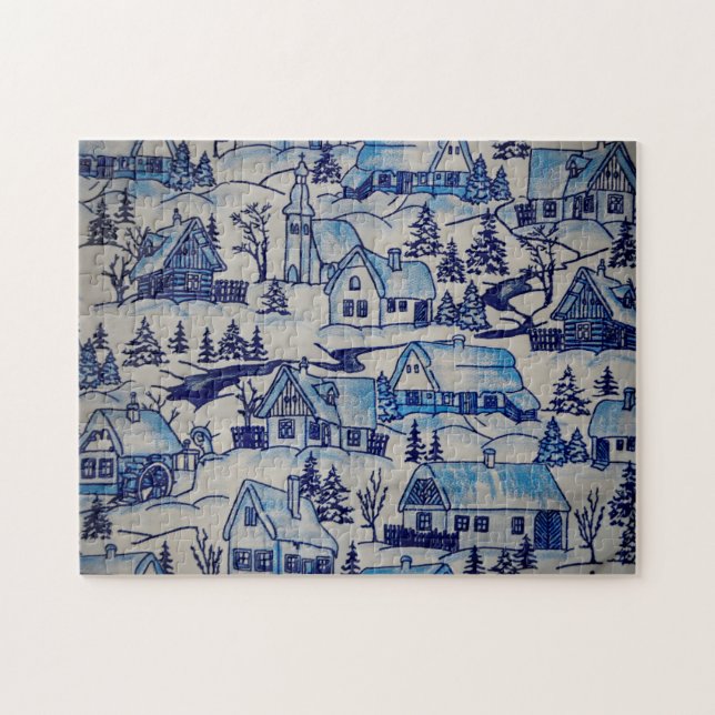 Vintage Blue Christmas Holiday Village Jigsaw Puzzle (Horizontal)