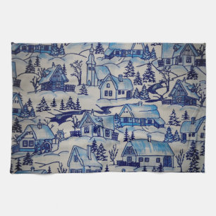 Vintage Blue Christmas Holiday Village Kitchen Towel