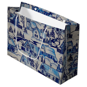 Vintage Blue Christmas Holiday Village Large Gift Bag
