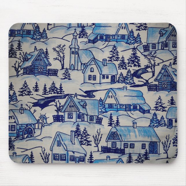 Vintage Blue Christmas Holiday Village Mouse Pad (Front)