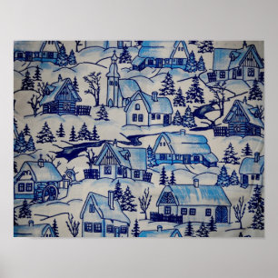 Vintage Blue Christmas Holiday Village Poster