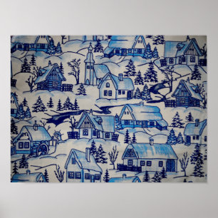 Vintage Blue Christmas Holiday Village Poster
