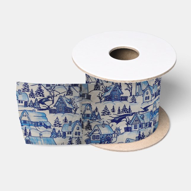 Vintage Blue Christmas Holiday Village Satin Ribbon (Spool)
