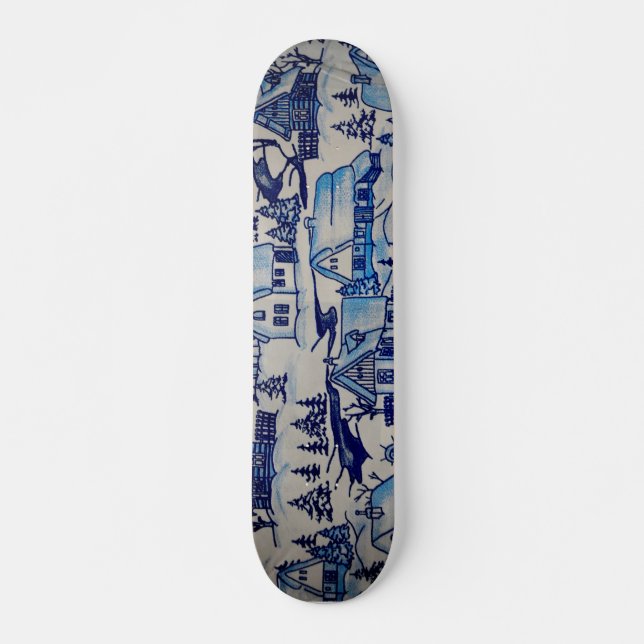 Vintage Blue Christmas Holiday Village Skateboard (Front)