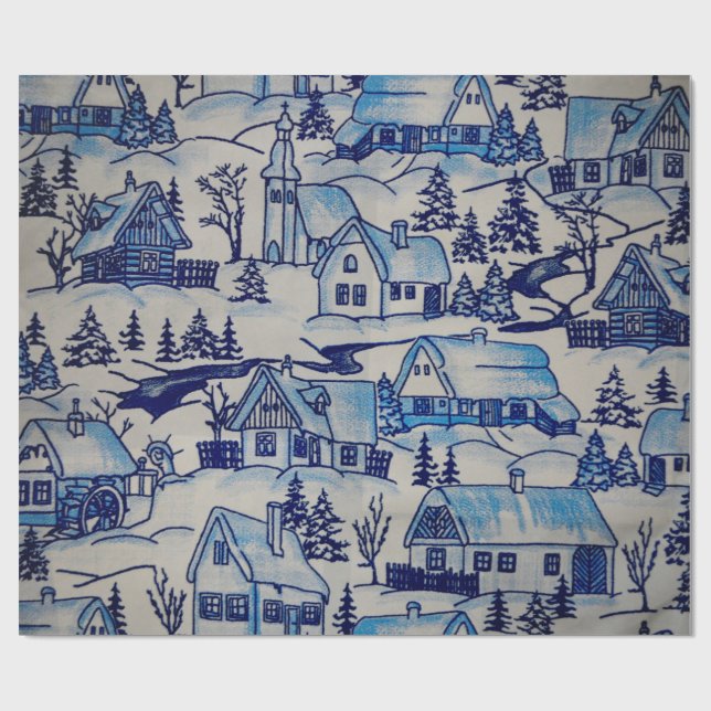 Vintage Blue Christmas Holiday Village Wrapping Paper (Flat)