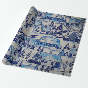 Vintage Blue Christmas Holiday Village Wrapping Paper