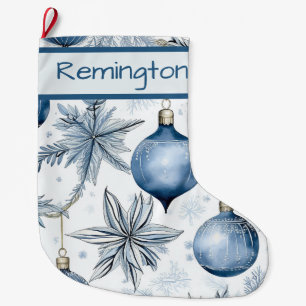 Vintage Blue Christmas Tree Ornaments Pattern Large Christmas Stocking
