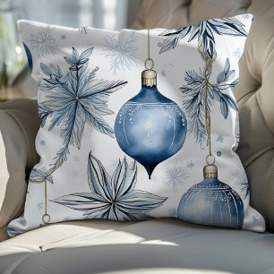 Vintage Blue Christmas Tree Ornaments Pattern Throw Pillow