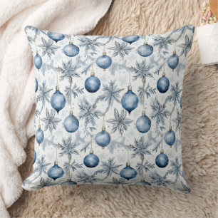 Vintage Blue Christmas Tree Ornaments Pattern Throw Pillow