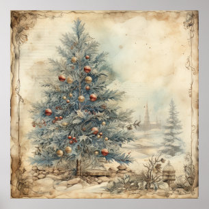 Vintage Blue Christmas Tree Poster