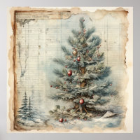 Vintage Blue Christmas Tree Poster