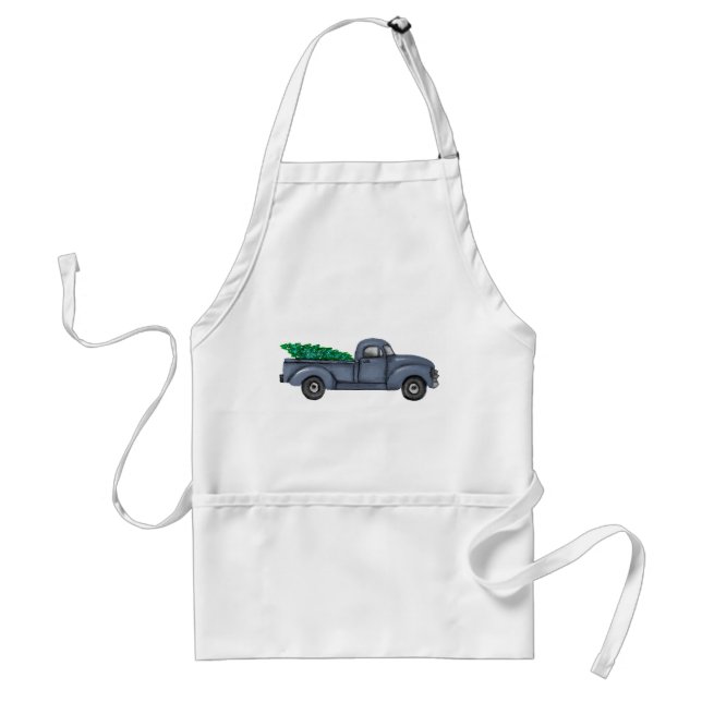 Vintage Blue Christmas Tree Truck Apron (Front)