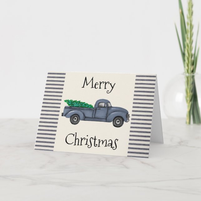 Vintage Blue Christmas Tree Truck Christmas Card (Front)