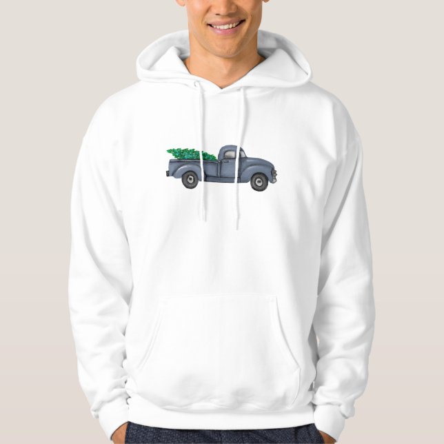 Vintage Blue Christmas Tree Truck Hoodie (Front)