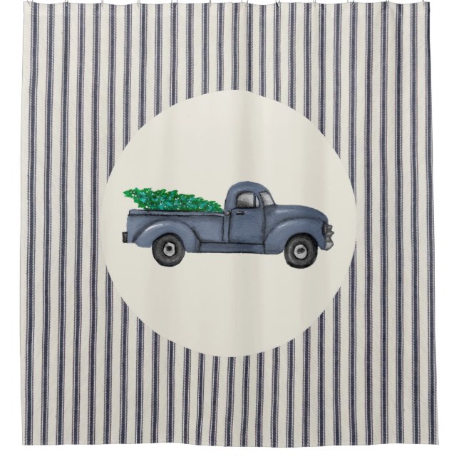 Vintage Blue Christmas Tree Truck Shower Curtain (Front)