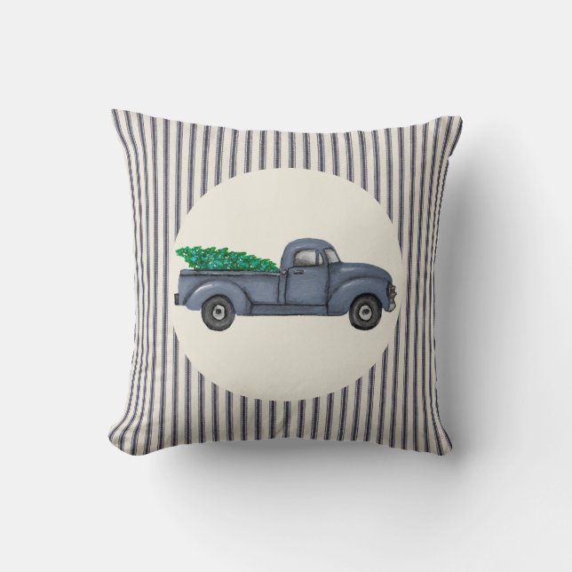 Vintage Blue Christmas Tree Truck Throw Pillow (Front)