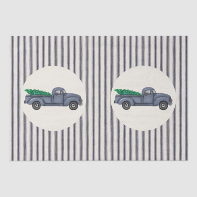 Vintage Blue Christmas Tree Truck Tissue Paper (Front)