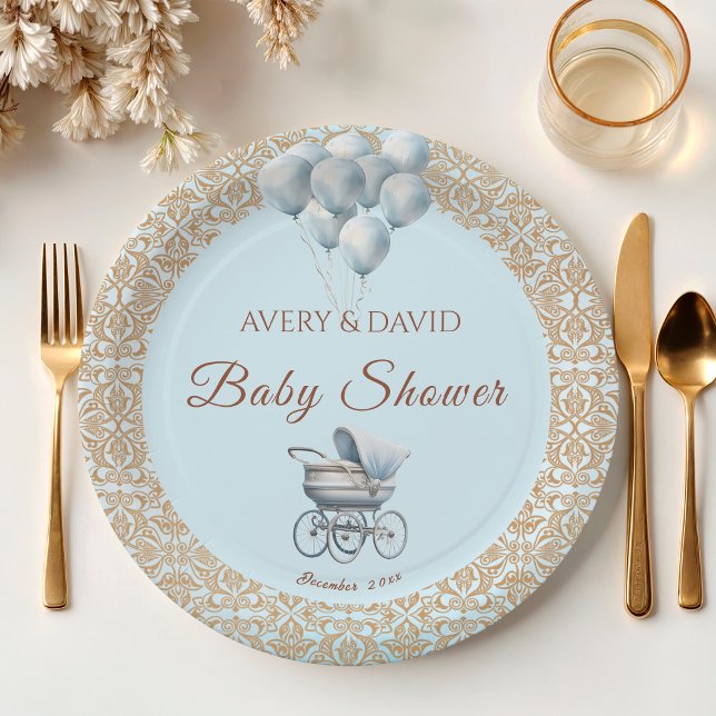 Vintage Blue Classic Boy Baby Shower Paper Plate (Creator Uploaded)