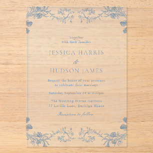 Vintage Blue Classic Elegance Floral Wedding Acrylic Invitations