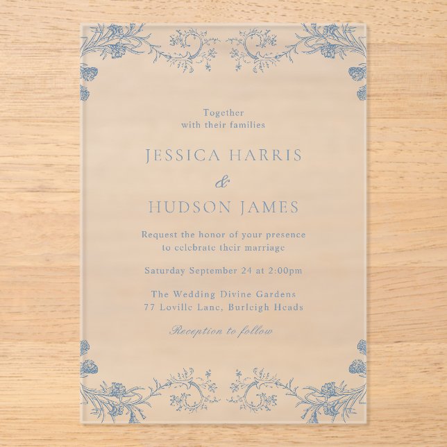 Vintage Blue Classic Elegance Floral Wedding Acrylic Invitations (Front)