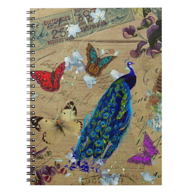 Vintage Blue Colourful Peacock Cute Butterfly Notebook (Front)