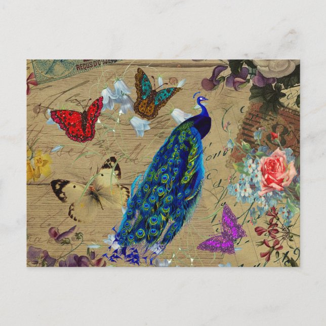 Vintage Blue Colourful Peacock Cute Butterfly Postcard (Front)
