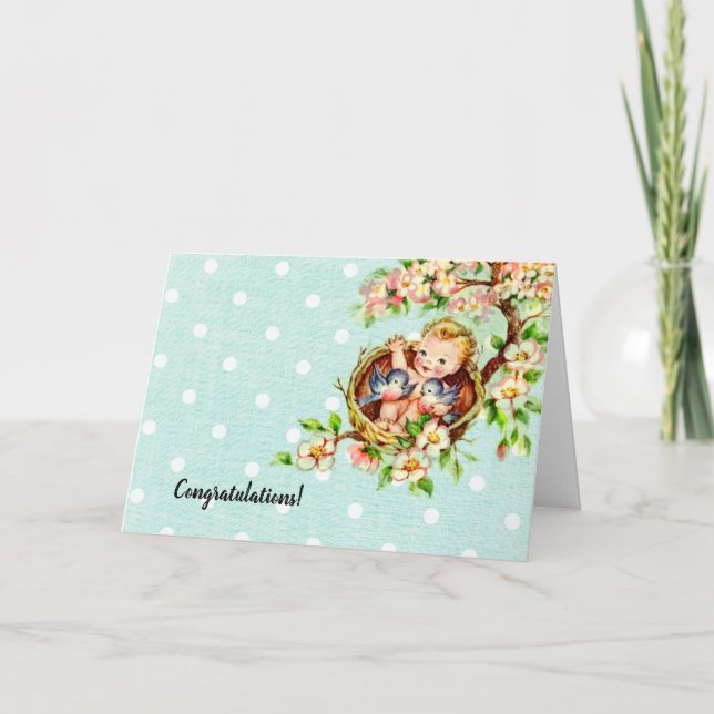 Vintage Blue Congratulations Baby Card (Front)