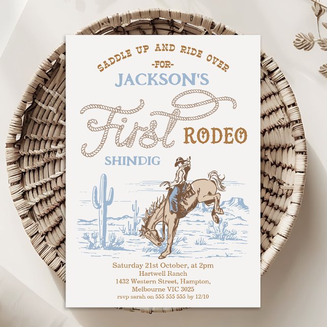 Vintage Blue Cowboy First Rodeo 1st Birthday  Invitation (Boys FIRST RODEO Birthday Invitation Template, Printable Cowboy 1st Birthday Invite, Western Themed)