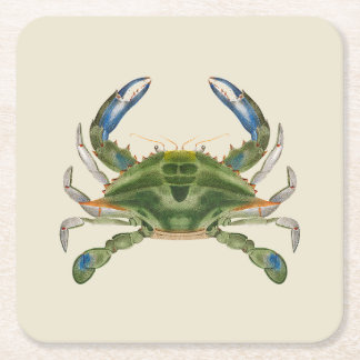 Vintage Blue Crab On A Cream Background Square Paper Coaster