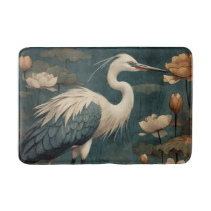 Vintage Blue Crane and Lotus Botanical Painting Bath Mat
