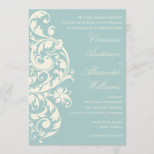 VINTAGE BLUE & CREAM FLOURISH   WEDDING INVITATION