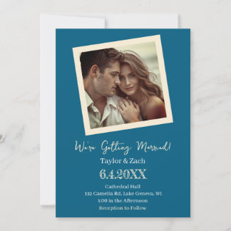 Vintage Blue & Cream Retro Photo Wedding Invitation