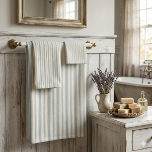 Vintage Blue & Cream Striped French Country Bath Towel Set