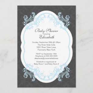 Vintage Blue Damask Boys Baby Shower Invitation